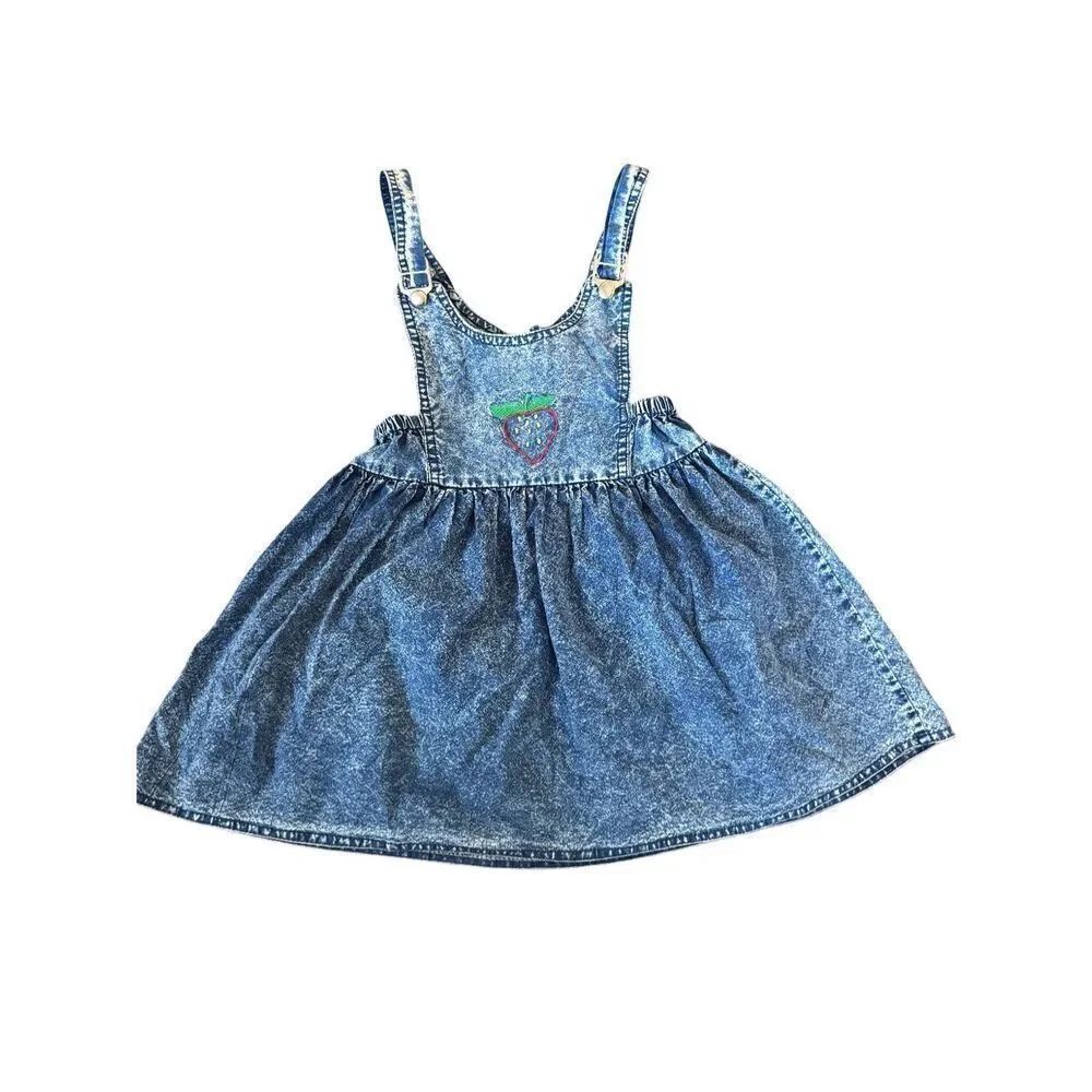 Girls 3-4 year acid wash blue jean overalls skirt dress embroidered strawberry r